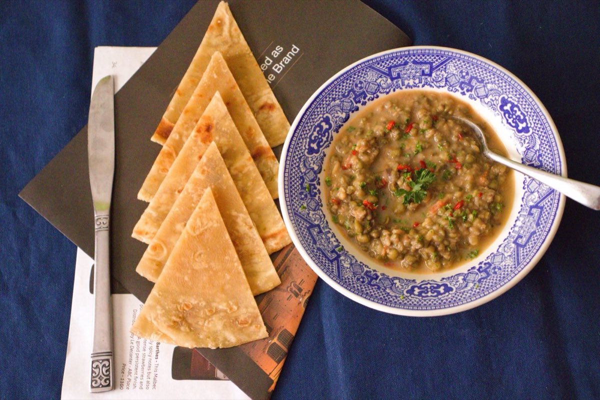 Adas ibn Ali — Brown Lentil Soup with Caramelized Onion — Brown lentils cooked to a thick, velvety consistency and finished with a ladleful of deeply caramelized