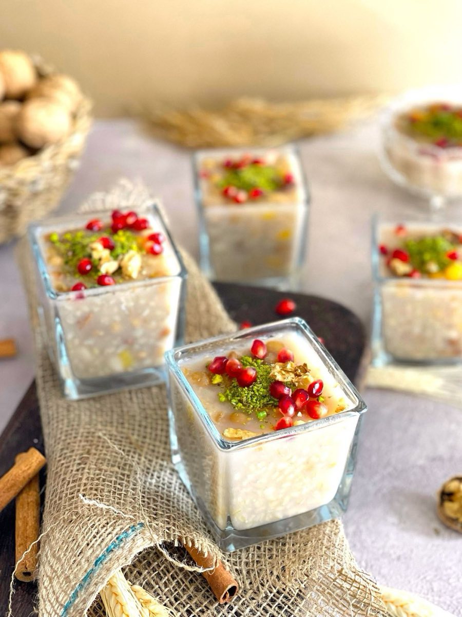 Idlib Noah's Pudding — A communal winter pudding of wheat berries, chickpeas, white beans, and dried fruit simmered for hours until