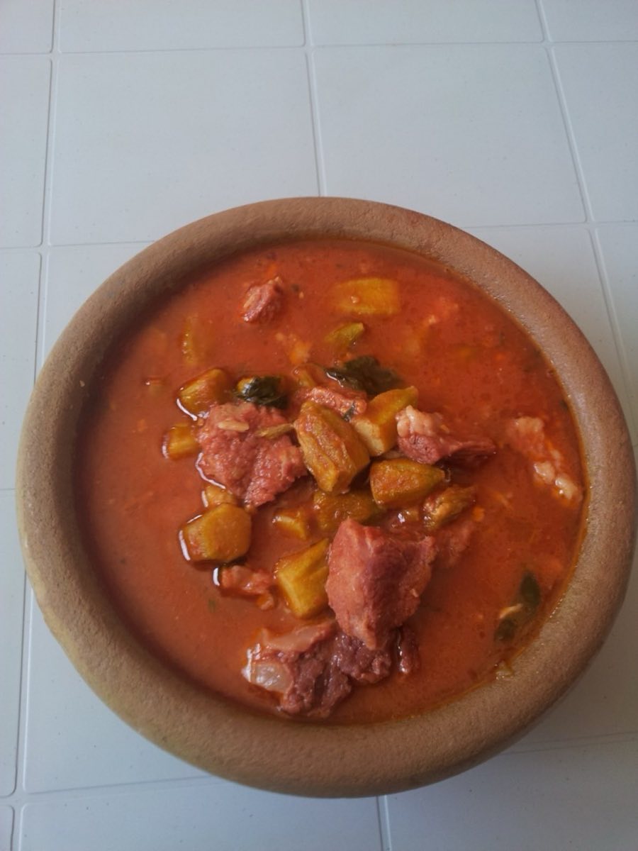 Bamia bil Lahmeh — Okra Stew with Lamb — Fresh okra simmered with cubed lamb in a deep tomato broth spiked with coriander and garlic