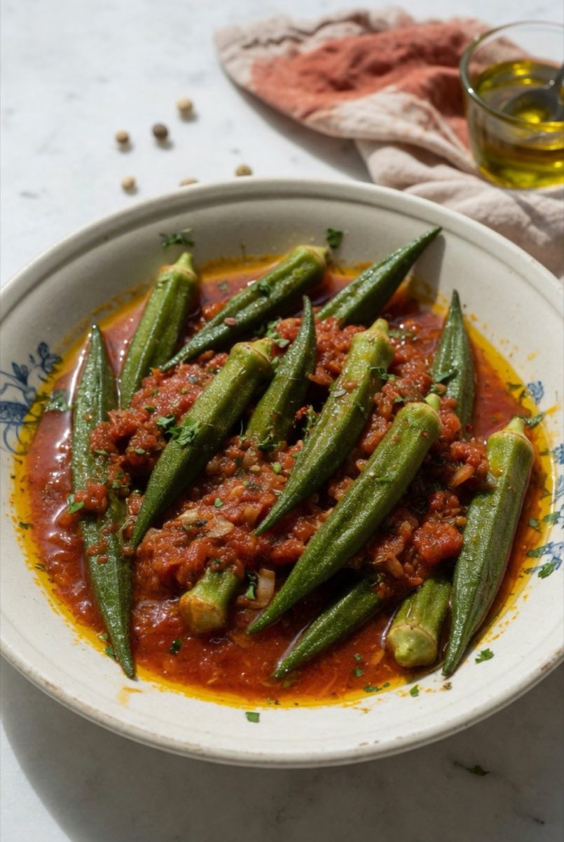 Idlib Olive Oil Okra Stew — Baby okra braised slowly with fresh tomatoes, coriander, and a generous pour of Idlib extra-virgin olive oil