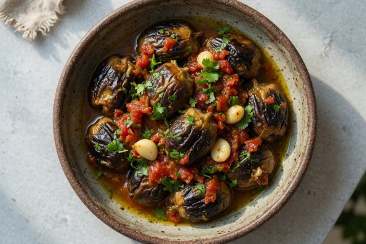 Batinjan bil Zeit — Baby eggplants braised whole in fragrant olive oil with tomato, garlic, and coriander until they collapse