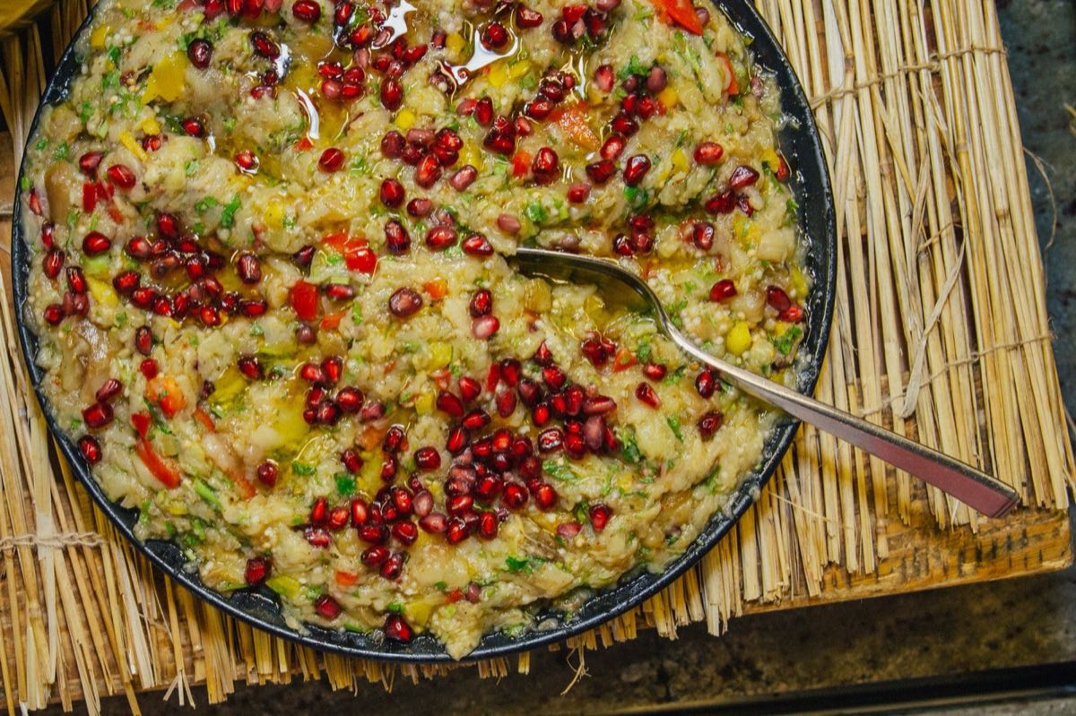 Batinjan Rahib — Priest's Eggplant — Fire-roasted eggplant mashed with fresh tomato, raw garlic, and olive oil