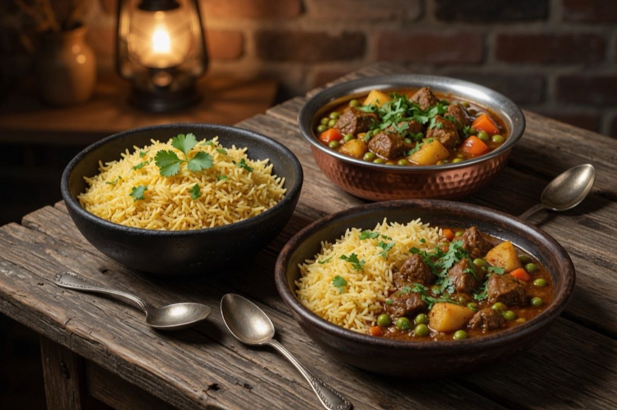 Bazella w Riz — Peas and diced carrots in a fragrant tomato and spice broth, studded with small pieces of lamb and served