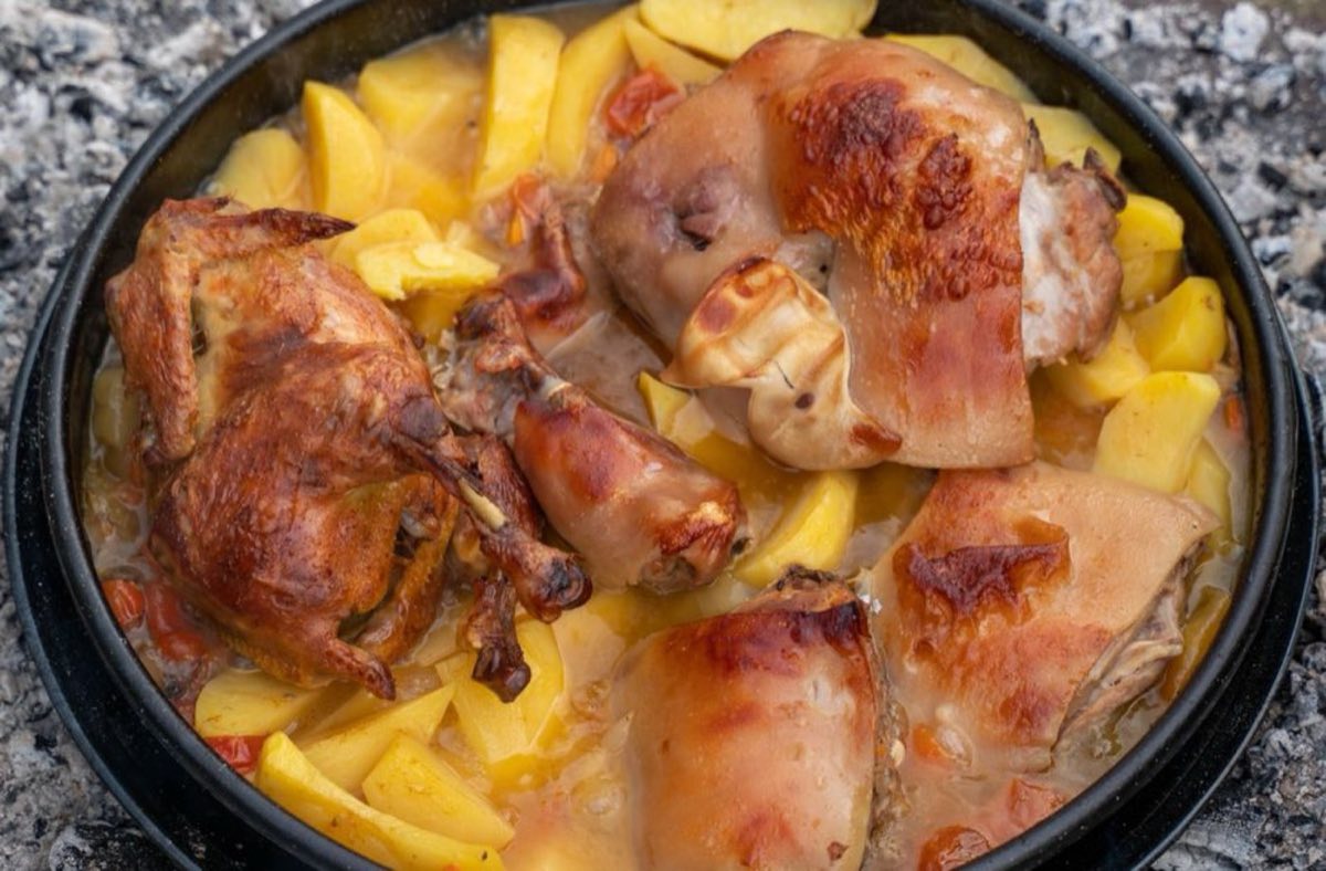 Djaj bil Furn — Oven-Roasted Chicken and Potatoes — Chicken leg quarters and potatoes roasted in a garlicky marinade of tomato paste, red pepper, cumin, and