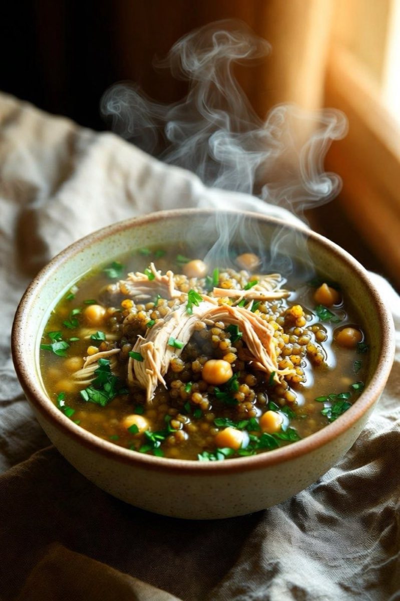 Freekeh Soup — A smoky, earthy soup of roasted green wheat simmered with whole chicken and warm allspice