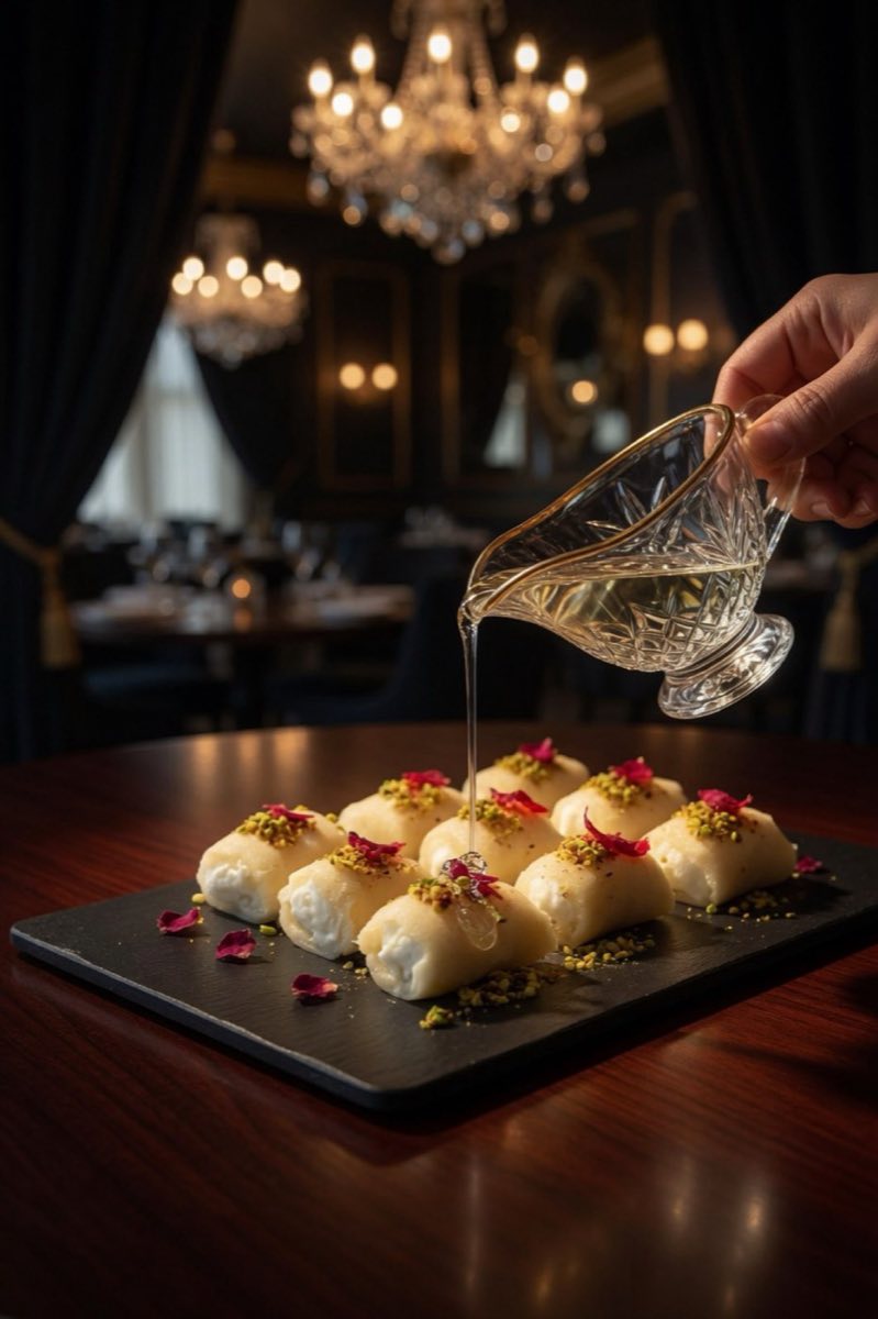 Halawet el-Jibn — Fresh cheese cooked into a semolina dough, rolled thin, and filled with a cloud of ashta cream