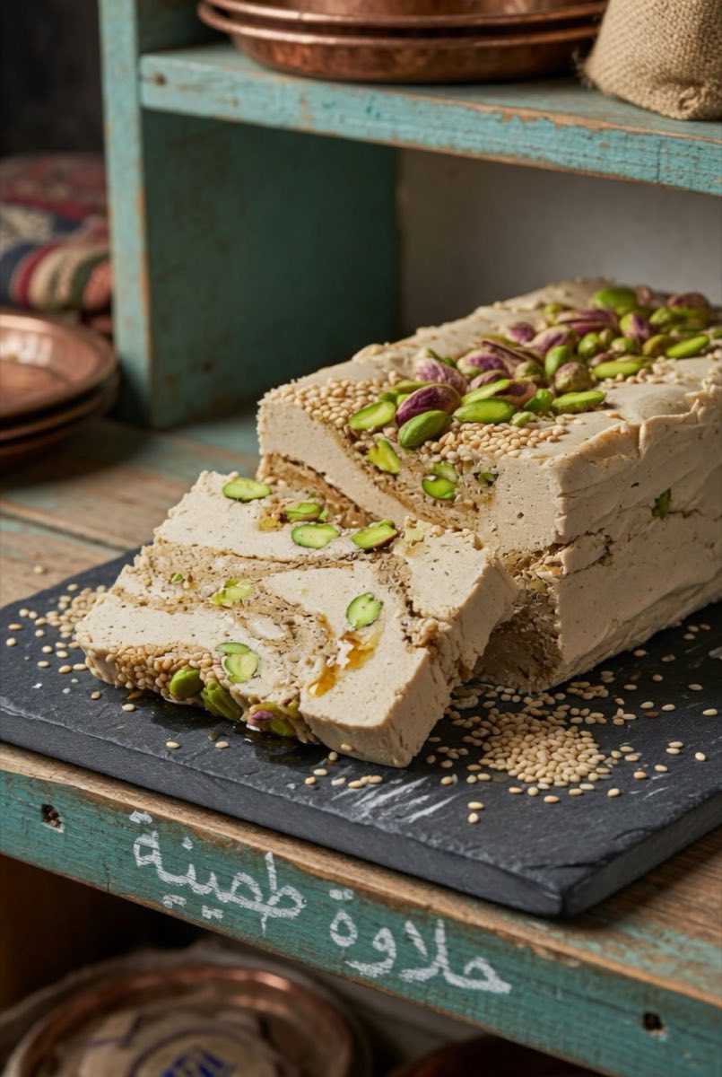 Halva Tahinieh — Idlib Sesame Paste Halva — Silky, crumbly sesame paste halva with pistachios and a ribbon of Aleppo rose jam