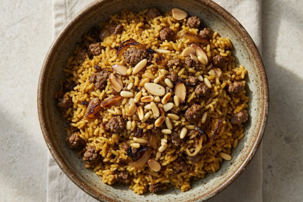 Hashweh — Golden spiced rice cooked with ground lamb, caramelized onion, toasted pine nuts and almonds