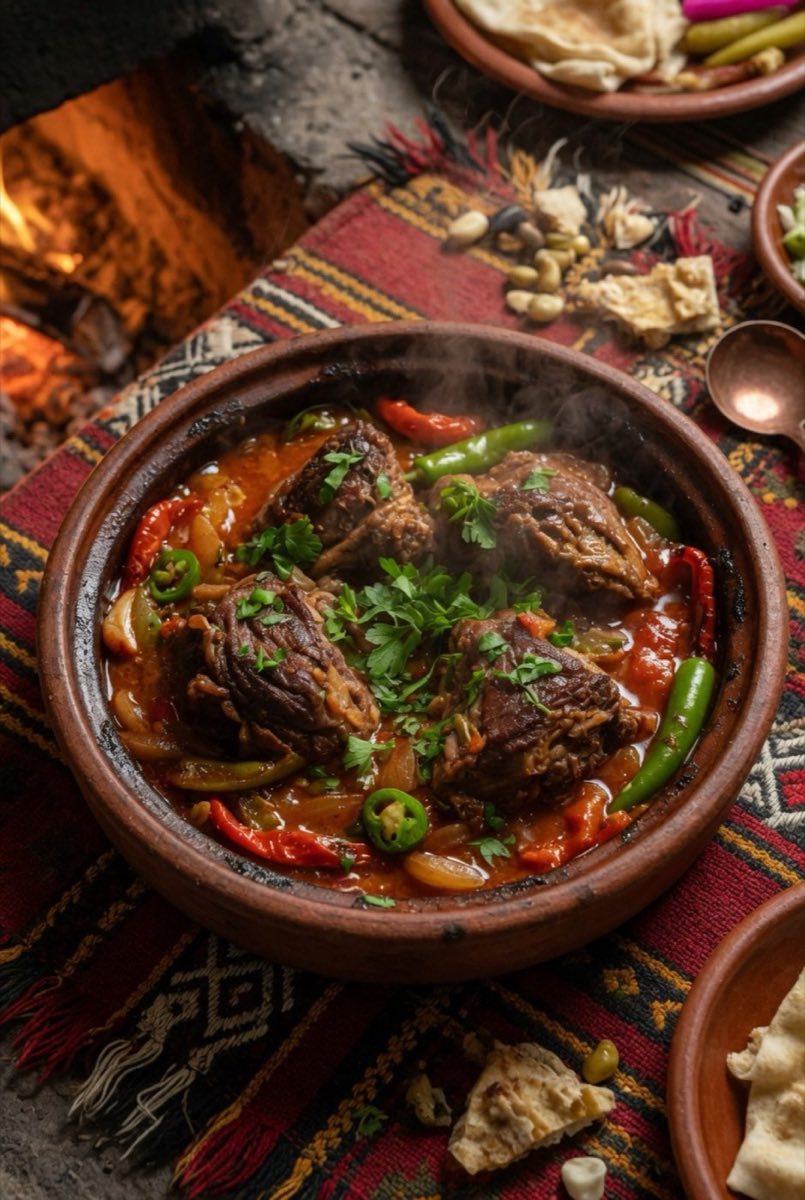Jerneh — A smoky, slow-cooked mash of roasted peppers, tomatoes, and garlic, finished with Idlib olive oil