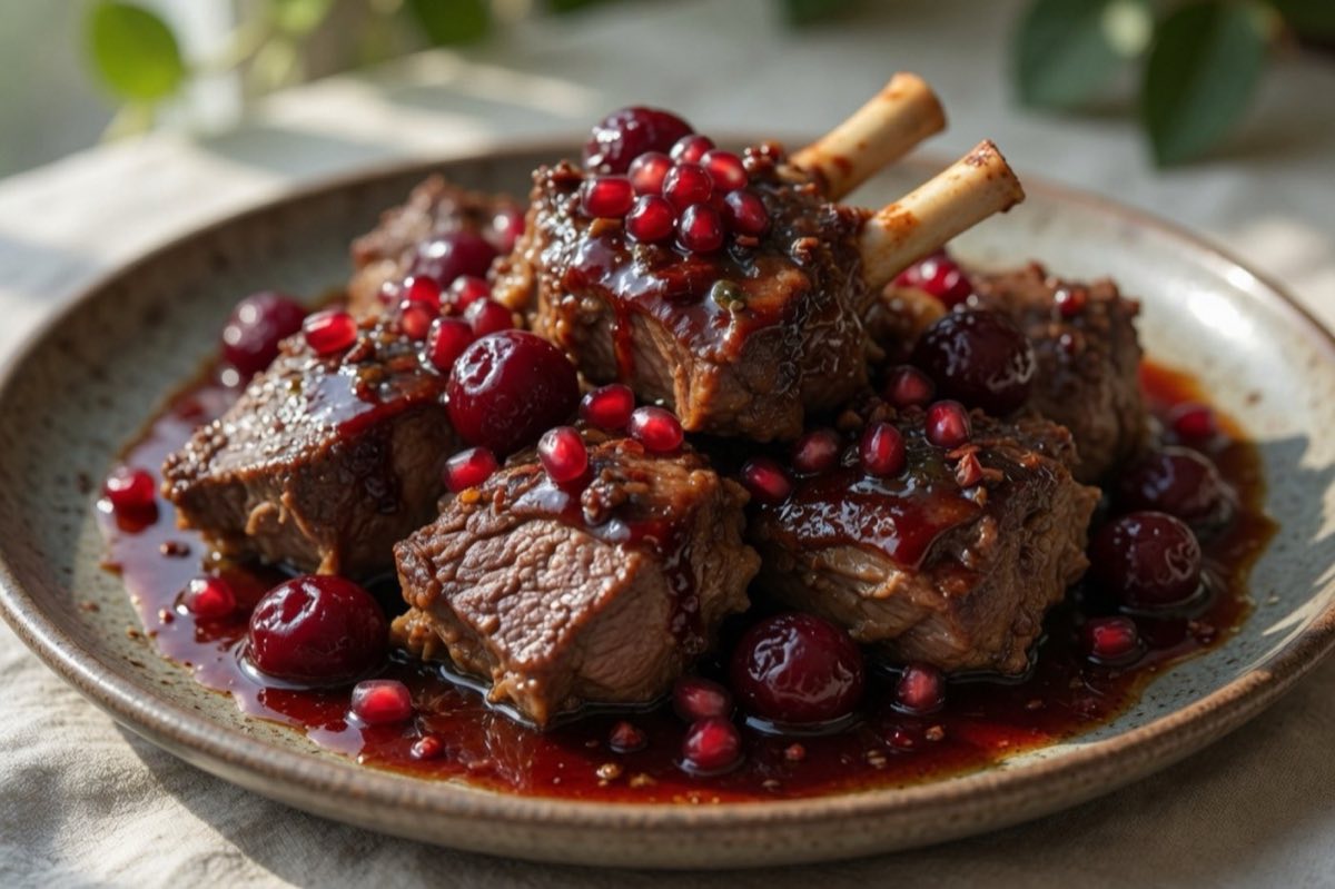Idlib Feast Lamb with Sour Cherries and Pomegranate — Bone-in lamb pieces braised for two hours with whole sour cherries, Aleppo pepper, and pomegranate, then