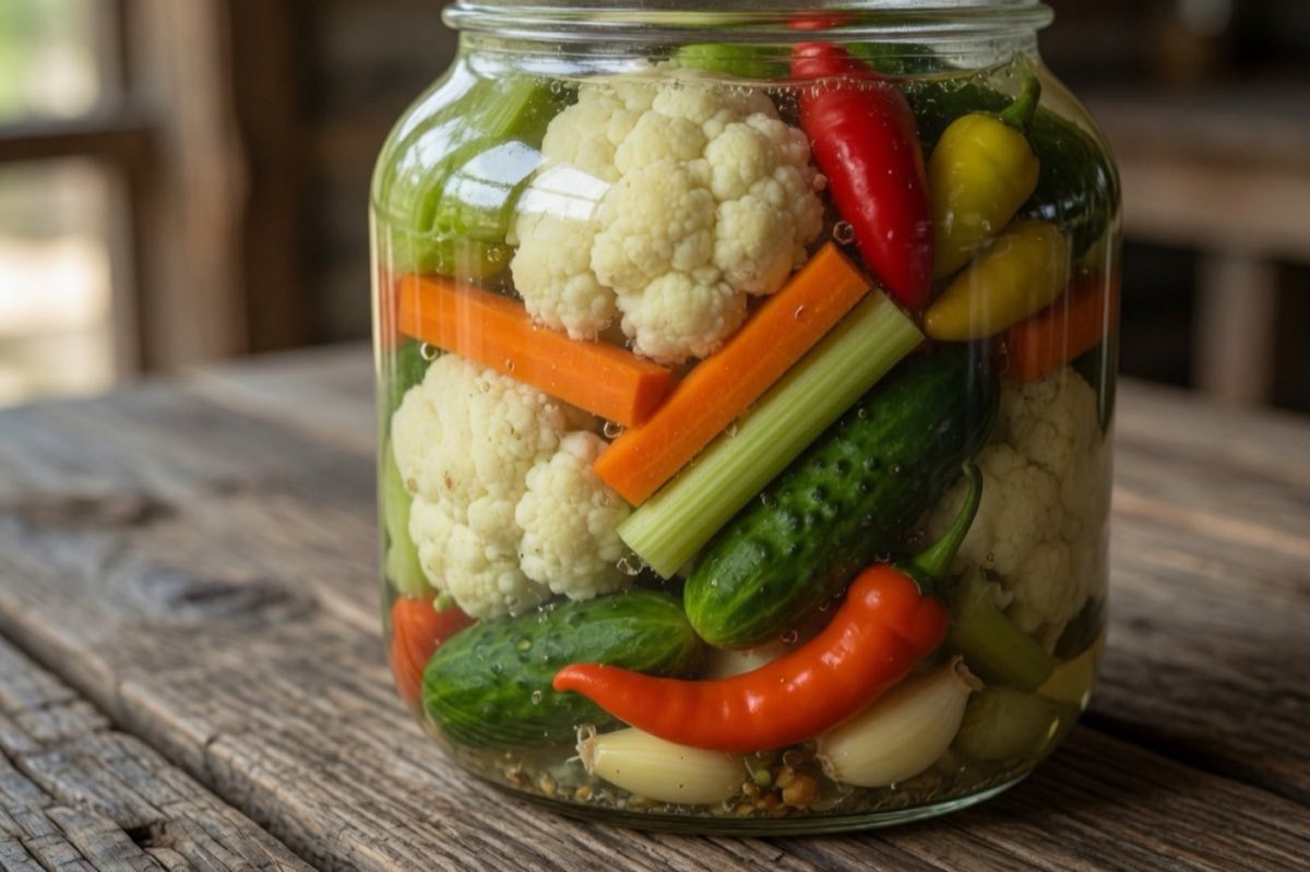 Kabis Makhlout — Mixed Lebanese pickles: cauliflower florets, hot peppers, cucumbers, carrots, and celery packed into brine