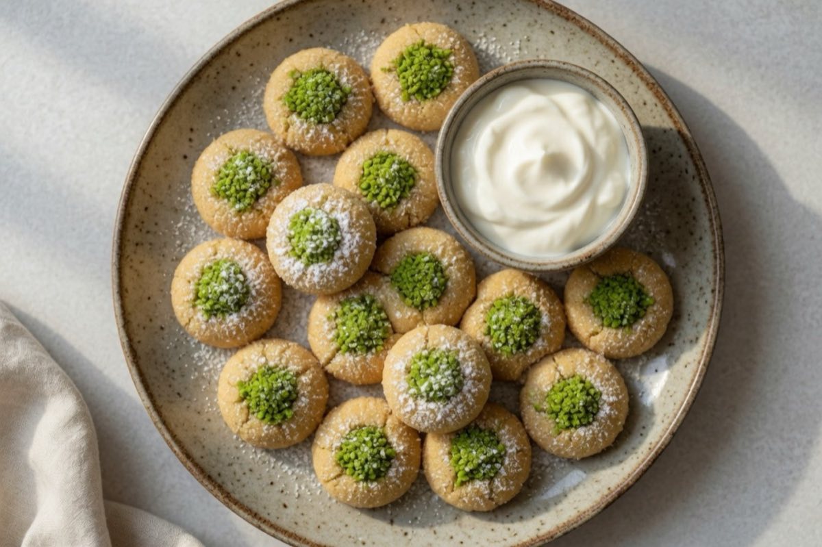 Karabij — Small semolina cookies filled with a sweet pistachio paste, served alongside natef