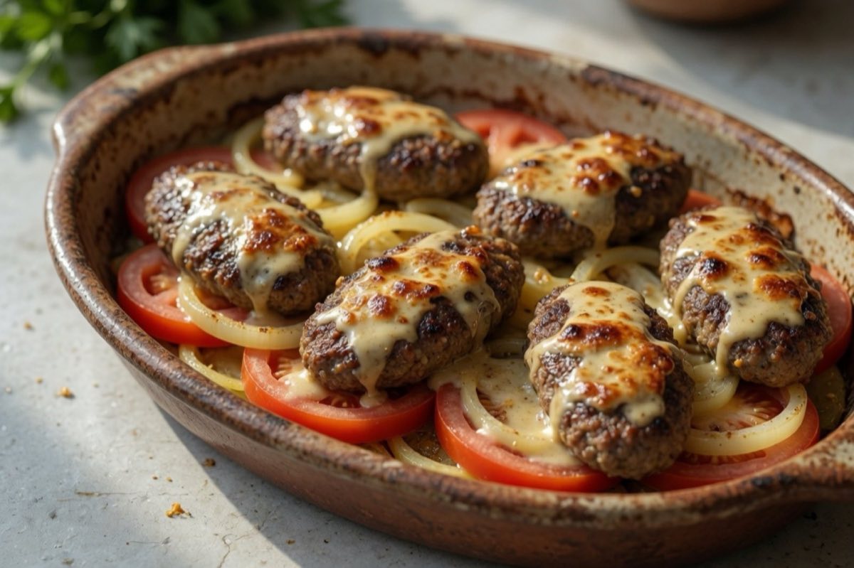 Kefta bil Tahini — Oval kafta patties baked over sliced tomatoes and onions, blanketed in a rich, lemon-forward tahini sauce