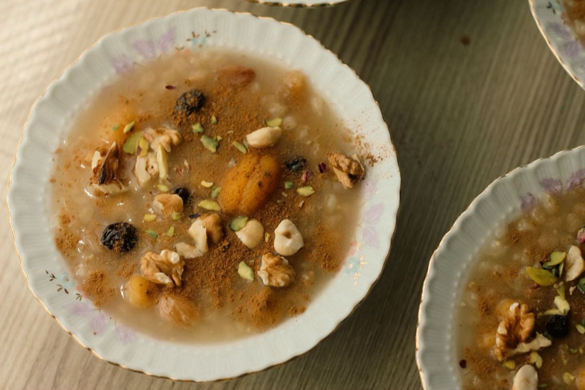 Khushaf — Dried apricots, prunes, raisins, and almonds soaked overnight in fragrant rose water and orange blossom water