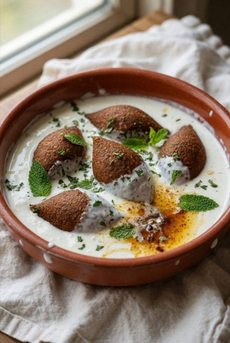 Kibbeh Labanieh — Football-shaped kibbeh balls filled with spiced lamb and pine nuts, poached in a velvety stabilized yogurt