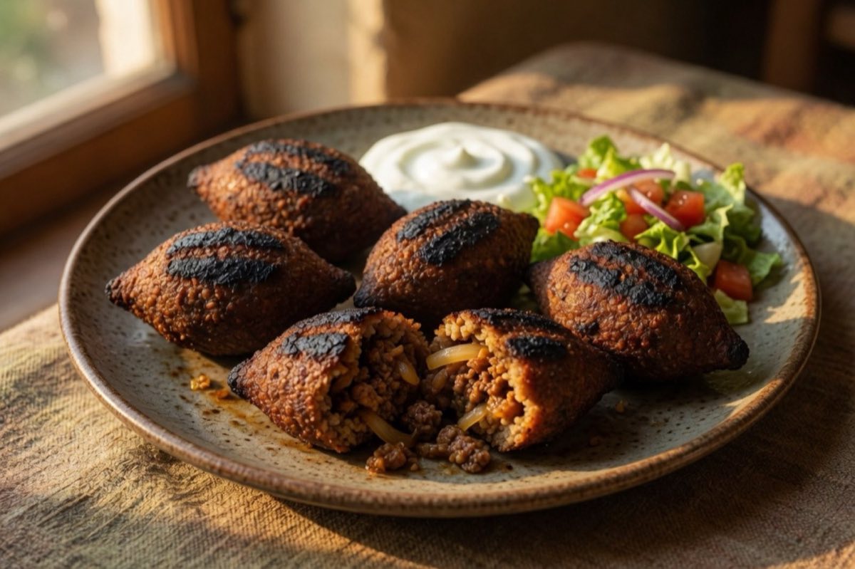 Kibbeh Mdawara — Charcoal-Grilled Stuffed Kibbeh — Round kibbeh stuffed with onion and spiced meat enriched with a little extra fat, then grilled over charcoal