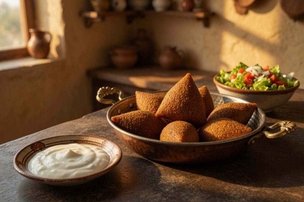 Kibbeh Mthallathat — Pan-Browned Kibbeh Triangles — Kibbeh shaped into triangles and filled with seasoned fat (liyye), then browned in the pan until crisp