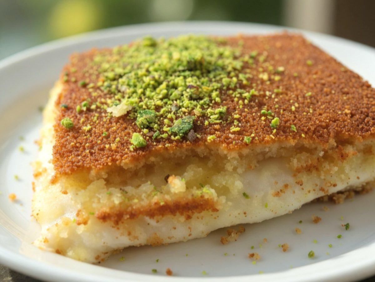 Knafeh — Lebanon's most celebrated cheese dessert: shredded kataifi wheat layered over desalted akawi cheese, baked