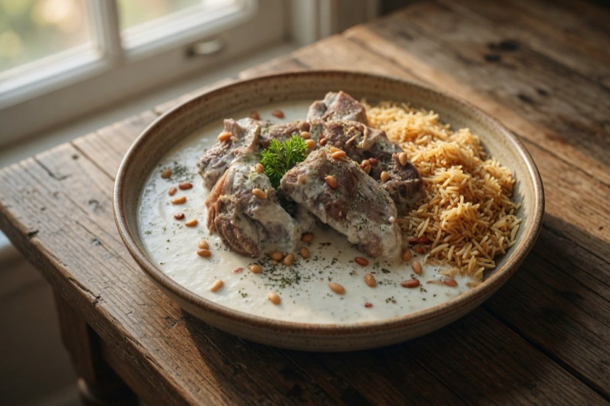 Laban Ummu — Lamb Cooked in Yogurt — Lamb shanks or shoulder simmered directly in a yogurt broth that has been stabilized with egg and cornstarch