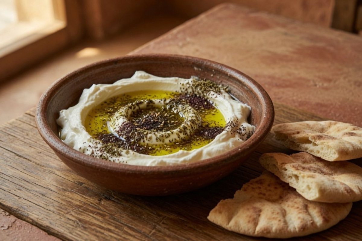 Labneh with Za'atar — Thick, strained yogurt cheese drizzled with olive oil and dusted with za'atar