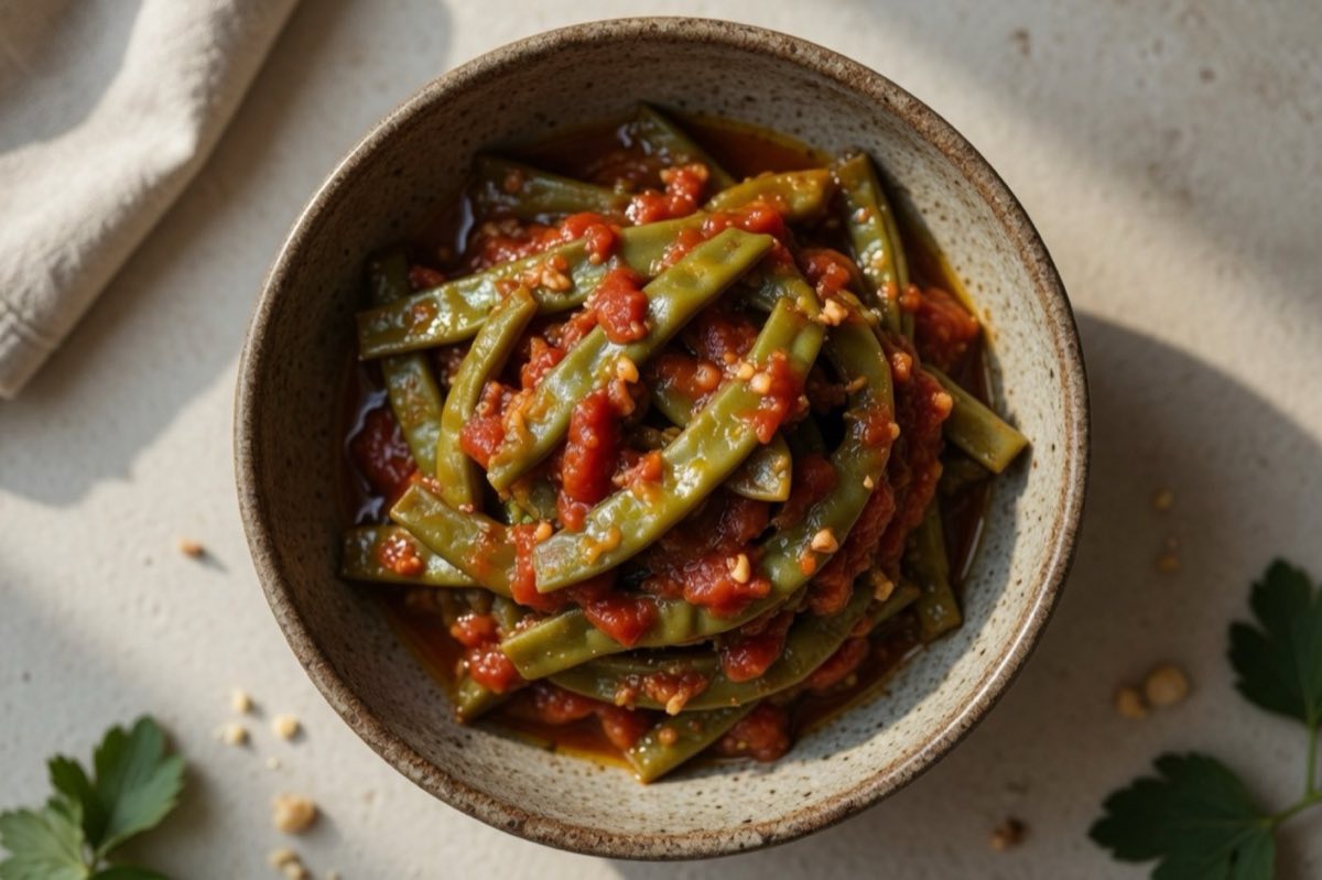 Loubieh bil Zeit — Green beans braised slowly in a garlicky tomato and olive oil sauce until perfectly silky
