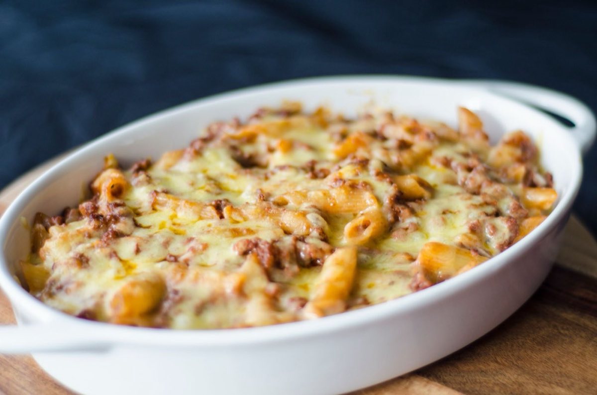 Makaroneh bil Forn — Lebanese Baked Pasta — Penne pasta layered with spiced ground meat, béchamel, and cheese, then baked until the top is golden and