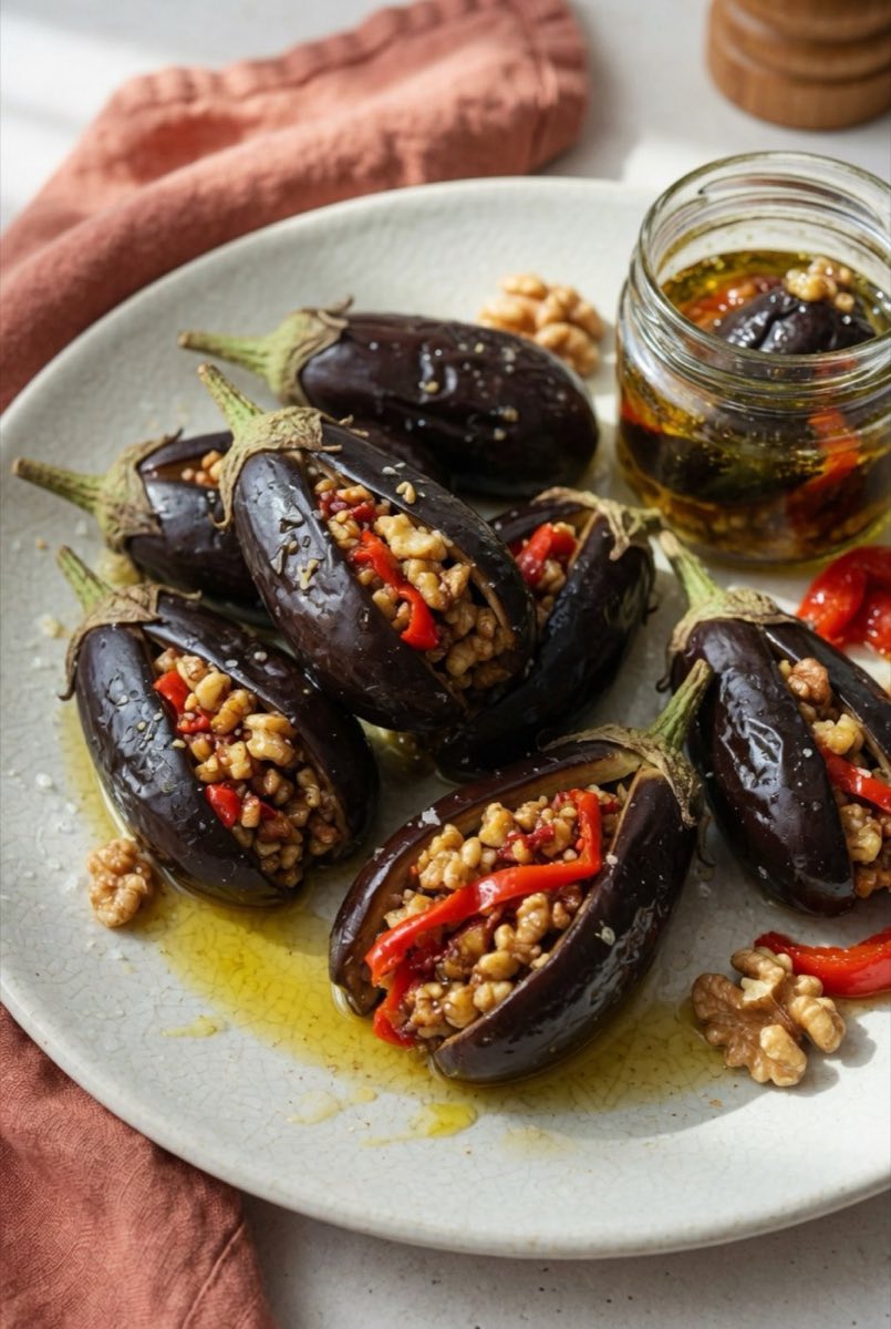 Oil-Cured Baby Eggplants with Walnuts and Red Pepper — Tiny baby eggplants boiled until just tender, then split, stuffed with crushed walnuts, red pepper, and