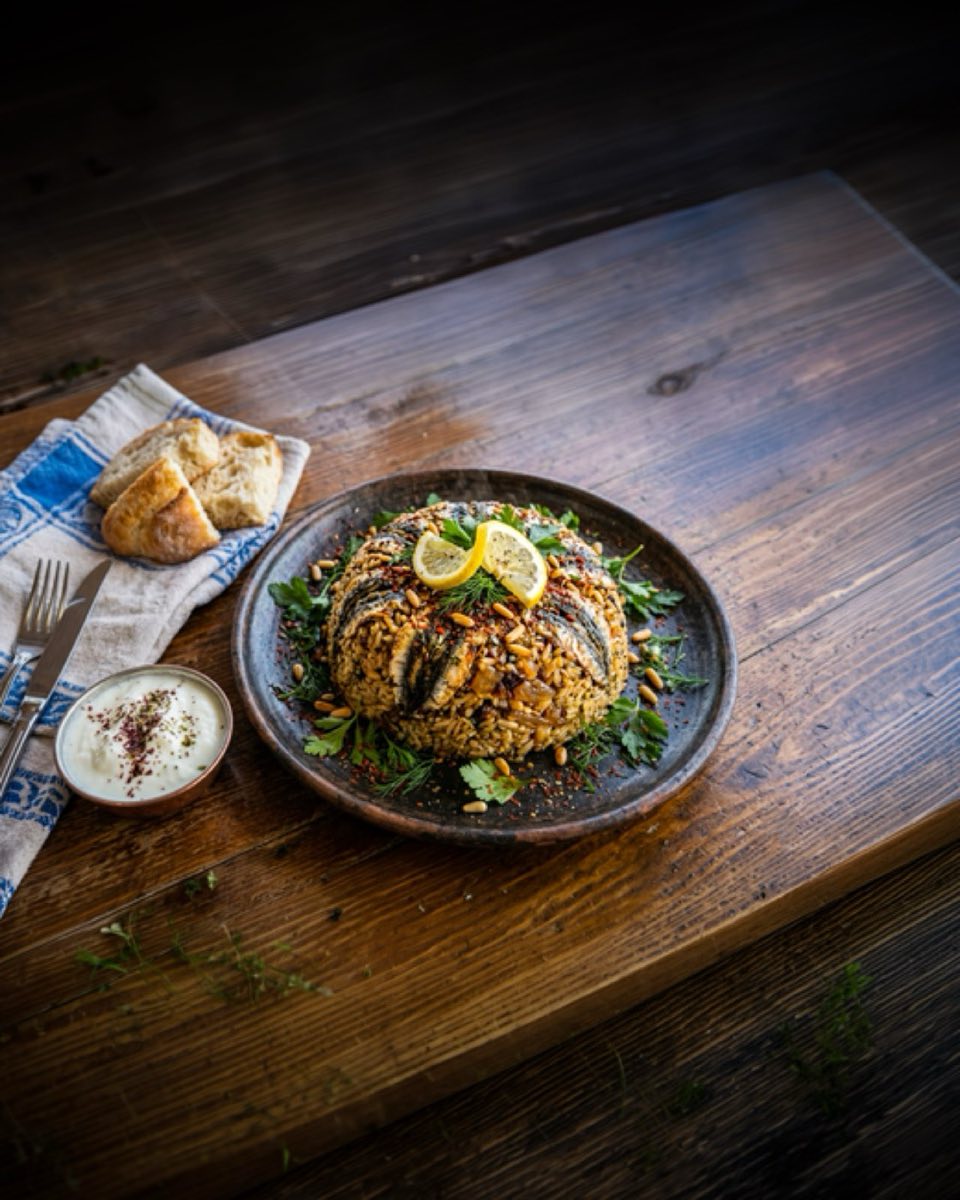 Maqluba bil Lahma — Upside-Down Eggplant and Meat Rice — Layers of fried eggplant, spiced ground meat, and short-grain rice pressed into a pot and flipped onto a
