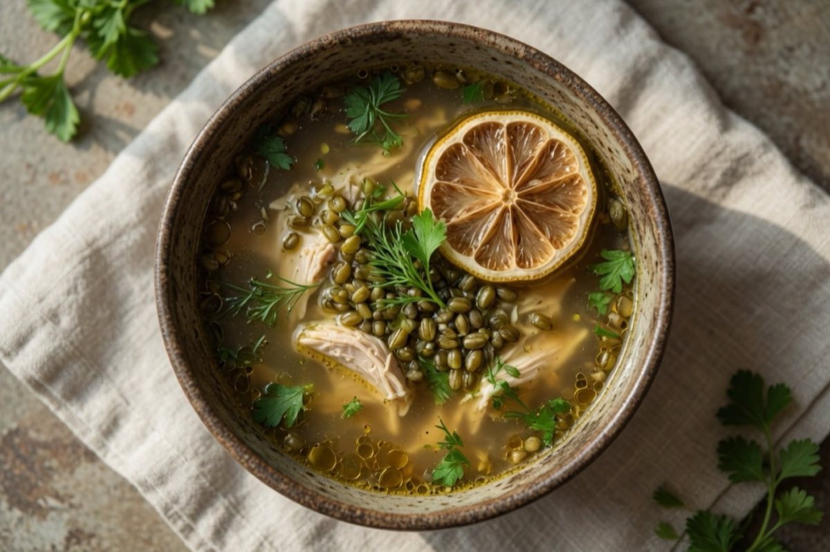 Bekaa Chicken Broth with Freekeh — The Bekaa Valley's definitive Sunday lunch: a long-simmered whole chicken broth enriched with toasted freekeh