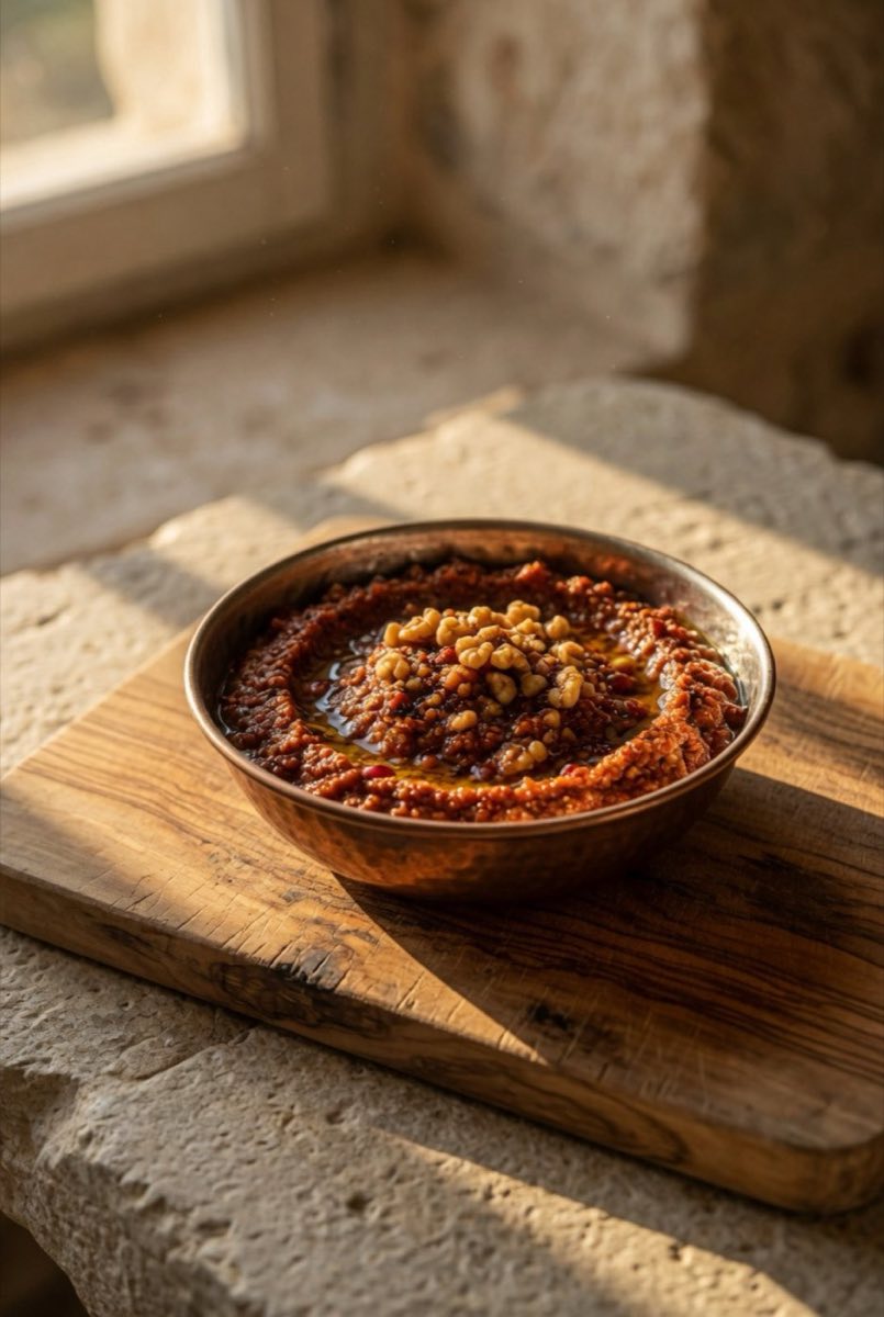 Idlib Thick-Roasted Red Pepper and Walnut Spread — A darker, thicker, more emphatic cousin of muhammara: whole dried Aleppo chilies roasted and blended with