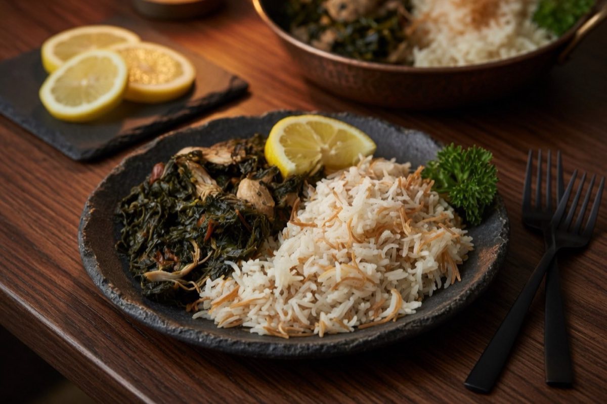 Mloukhieh — A rich, silky stew of jute leaves cooked with chicken or lamb, garlic, and coriander