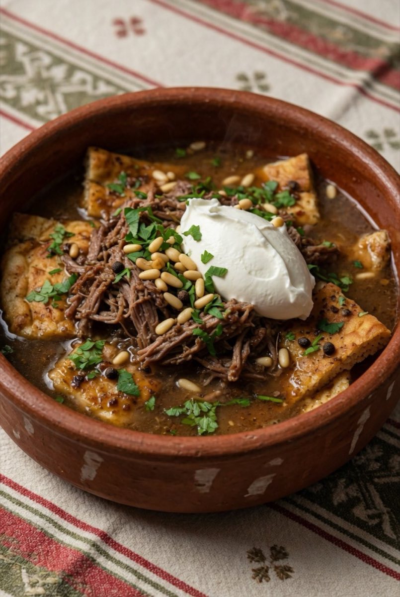 Bekaa Torn Bread in Lamb Broth — Stale flatbread torn by hand and soaked in rich lamb broth until swollen and silky