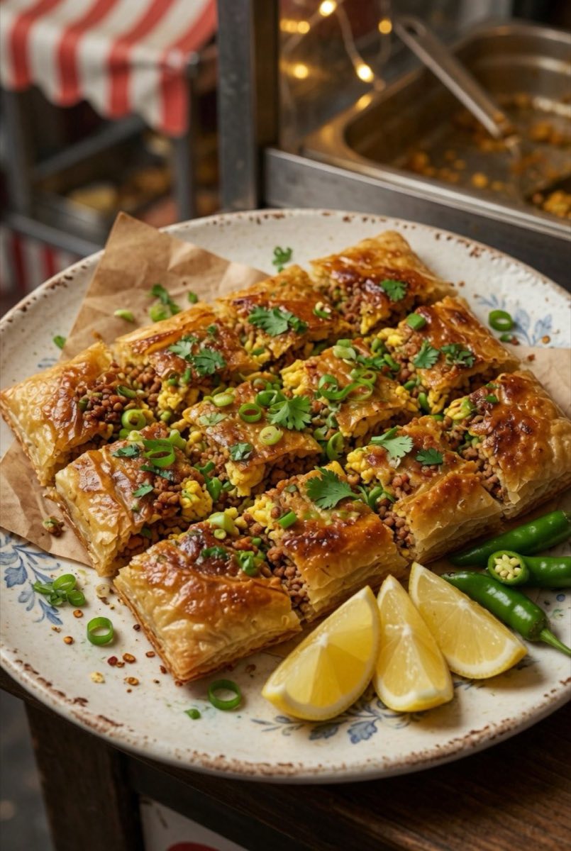 Mutabbaq Idlibi — Crispy Stuffed Flatbread — Thin dough stretched to near-translucency, filled with spiced ground meat and onion, then folded and
