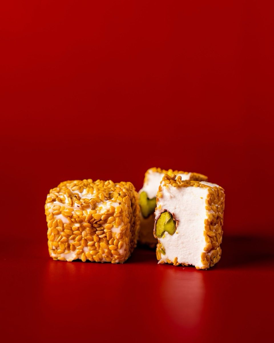 Faten's Naatif — A cloud of whipped egg whites folded with carob molasses syrup, set into a pillowy sweet that dissolves on