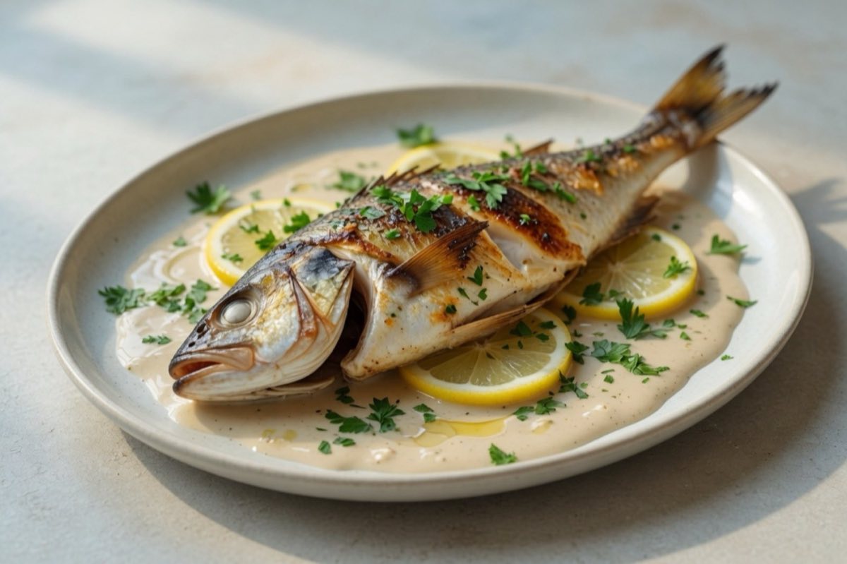 Whole Baked Fish in Tahini Sauce — A whole fish baked in a simple, clean tahini sauce with lemon and parsley