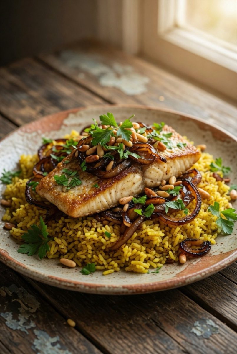 Sayadieh — The crown jewel of the Lebanese coast: firm white fish poached in its own head-and-bone stock, served over
