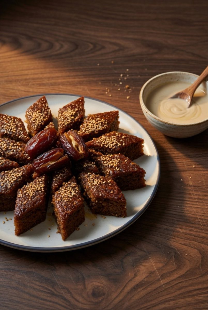Sfouf bil Tamer — A dense, golden semolina cake fragrant with turmeric, made with date paste in place of refined sugar