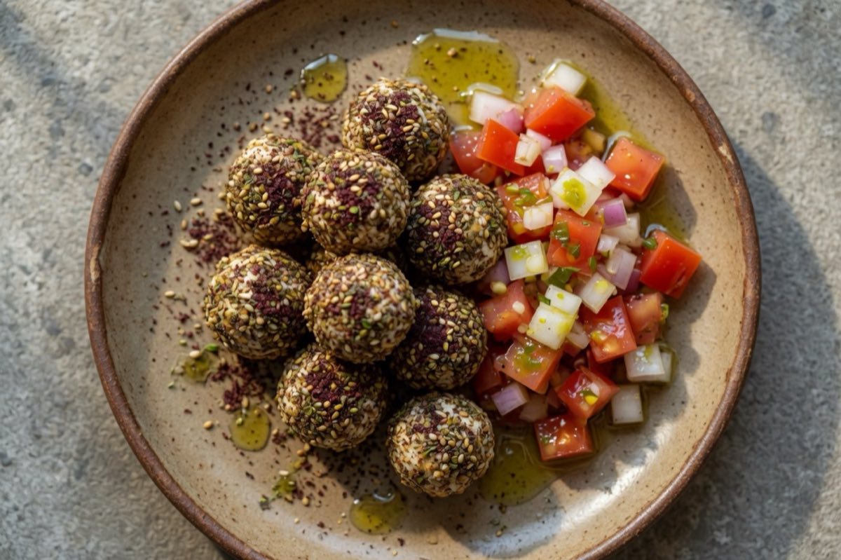 Shanklish — Aged, powerfully pungent cheese balls rolled in za'atar and dried thyme, crumbled over finely diced tomato