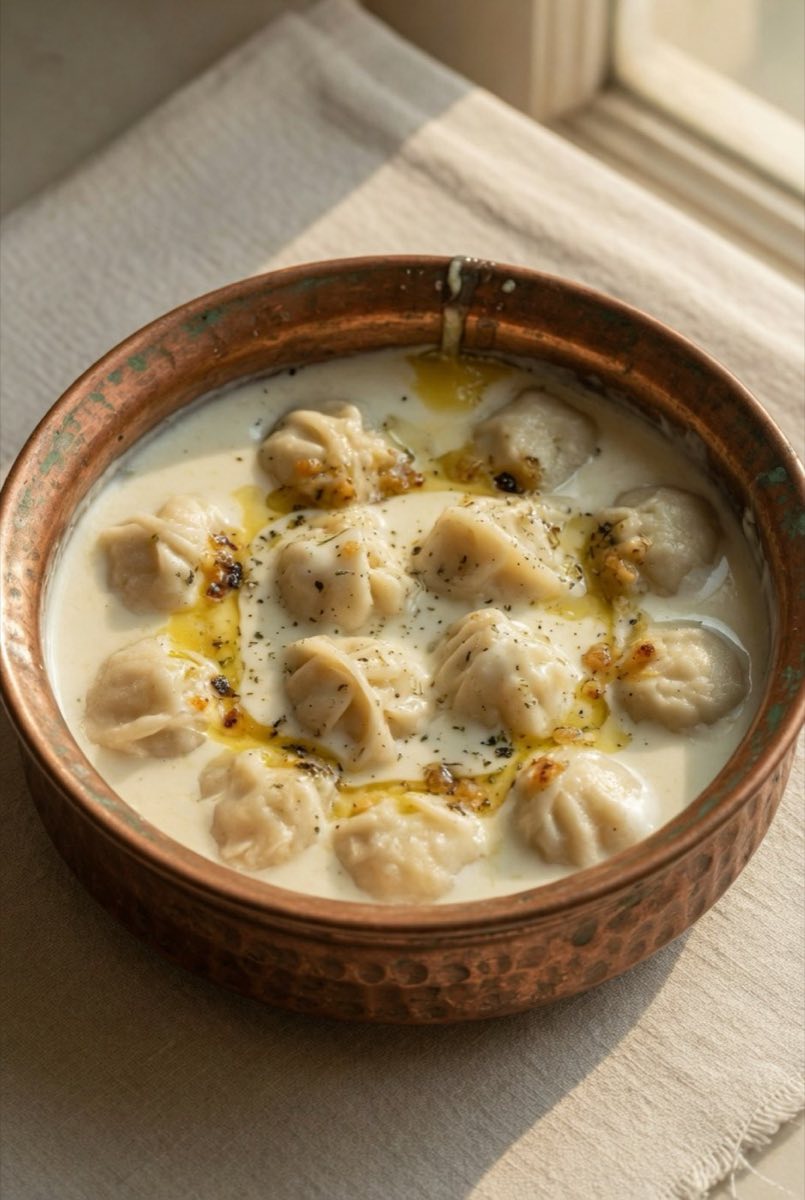 Shishbarak (Idlib Dumplings in Yogurt-Rice Sauce) — Small half-moon dumplings the size of a Lira coin, filled with raw spiced lamb and onion, then simmered in a