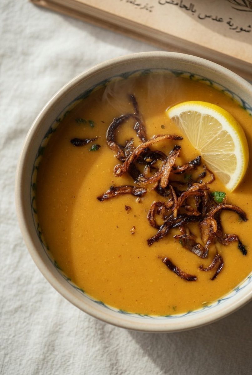 Shorbat Adas bil Hamod — A bright, golden soup of yellow split lentils with turmeric and a sharp lemon finish
