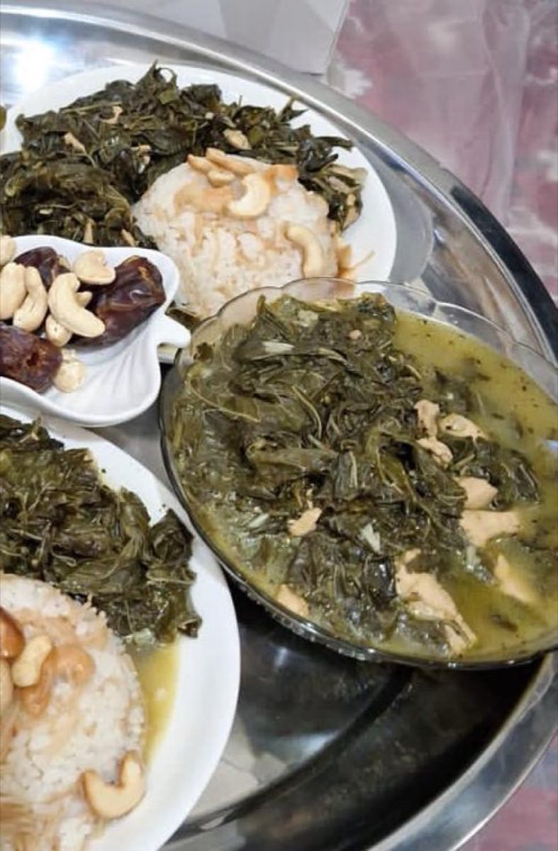 Shorbet Molokhieh — Jute Mallow Leaf Soup — Dried molokhieh leaves simmered in a deeply savory chicken broth with a sizzling garlic-coriander tarka