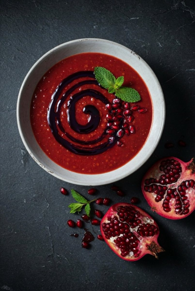Shorbet Rumman — Pomegranate and Lentil Soup — A warming mountain soup of brown lentils and pomegranate molasses, tart and sweet in equal measure, finished
