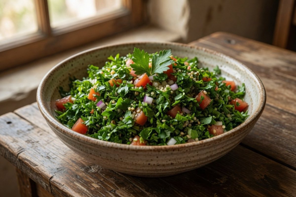 Tabbouleh — A vibrant herb salad of finely chopped parsley, mint, tomatoes, and bulgur, dressed with lemon and olive oil
