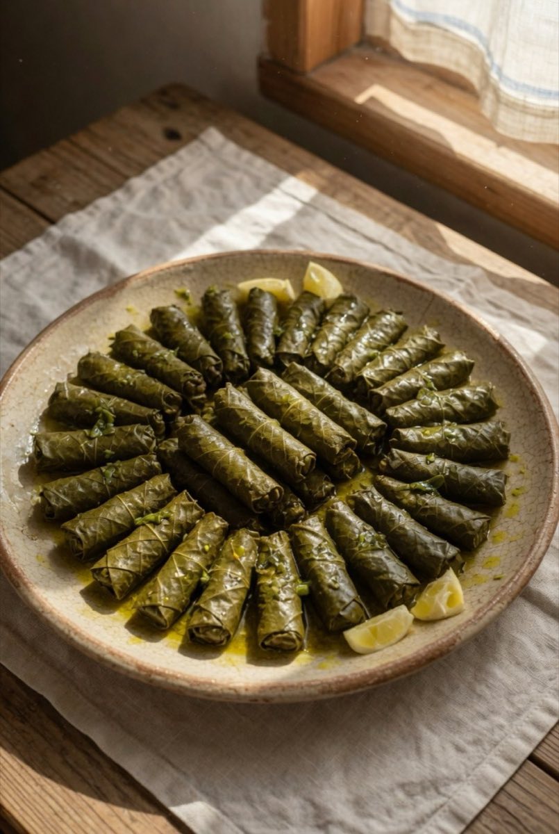 Warak Enab bil Zeit — Tender grape leaves stuffed with a lemony rice and herb filling, slowly simmered in olive oil and lemon broth