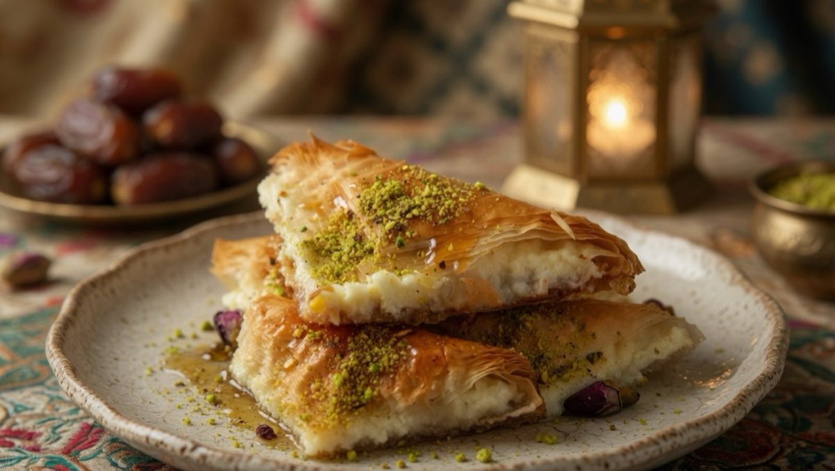 Warbat — Phyllo Triangles with Ashta Cream — Crisp, golden phyllo triangles filled with thick ashta cream and drenched in rose water sugar syrup