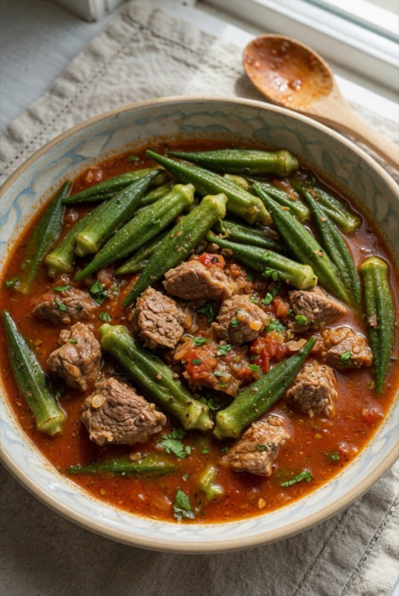 Yakhnit Bamia — Small whole okra pods slow-braised with lamb shoulder, ripe tomatoes, and pomegranate molasses in a rich