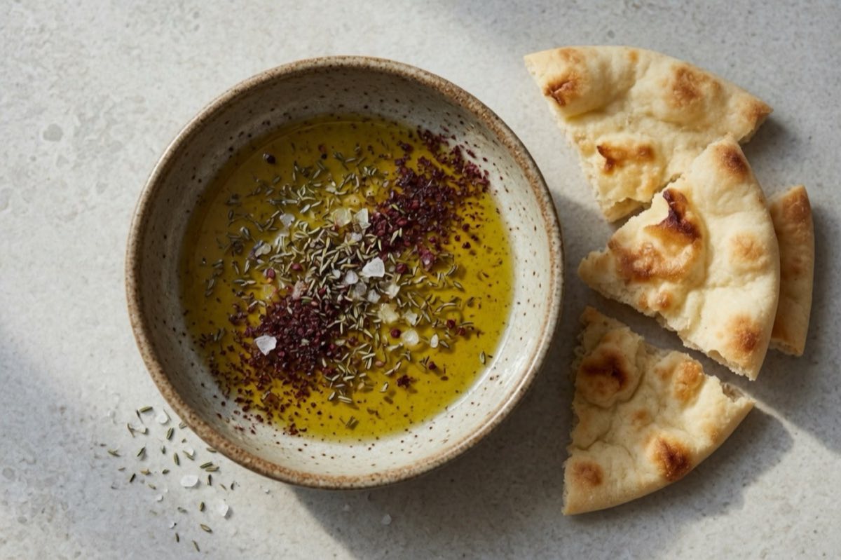 Idlib Olive Oil Bread Dip with Thyme and Sumac — Extra-virgin olive oil from Idlib's ancient groves poured into a shallow bowl and dusted with dried thyme