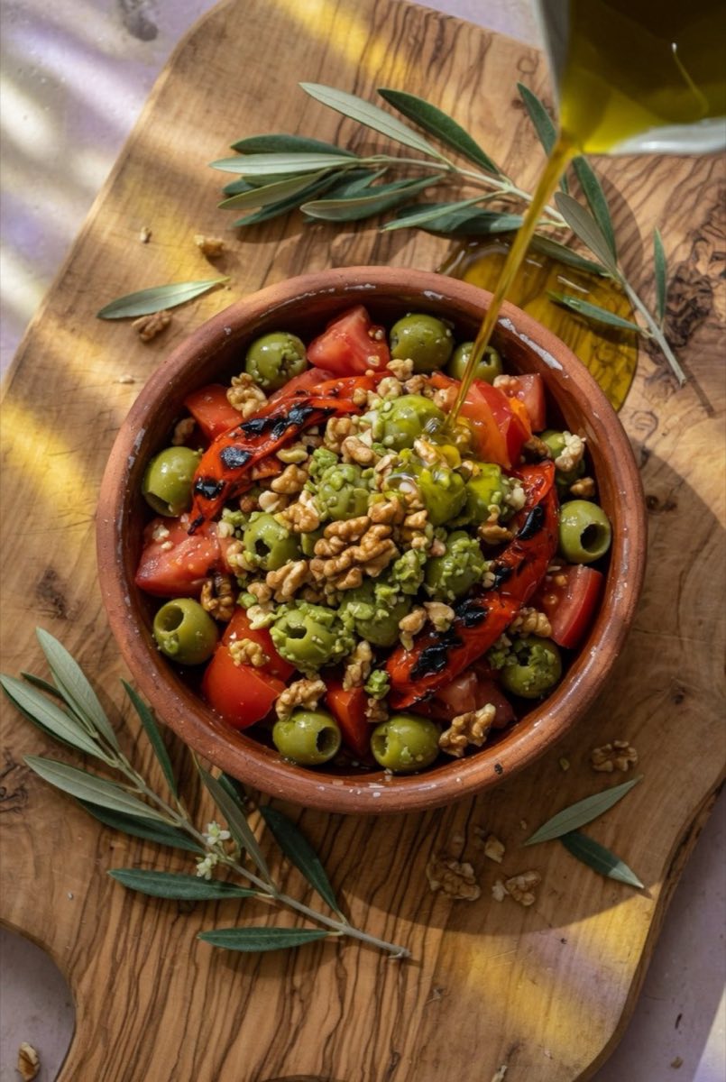 Zeytoun Marhoum — Crushed Olive Salad from Idlib — Fresh green olives pounded with walnuts, pomegranate seeds, dried chili, and Idlib olive oil into a rough